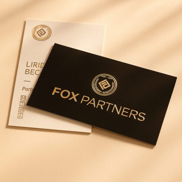 Foil business cards with Fox Partners silver foil design showing front and back