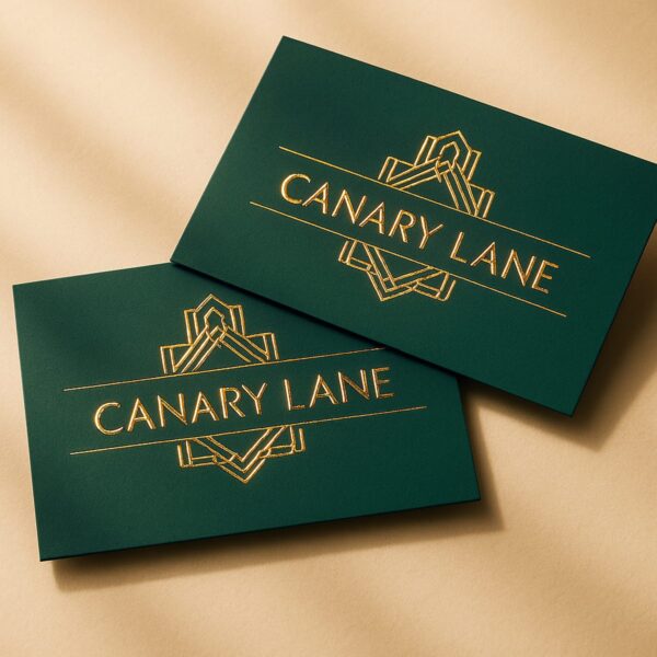 Gold foil business cards with Canary Lane art deco design