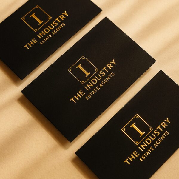 Gold foil business cards with The Industry Estate Agents design