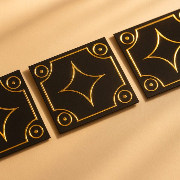 Square gold foil business cards with geometric pattern