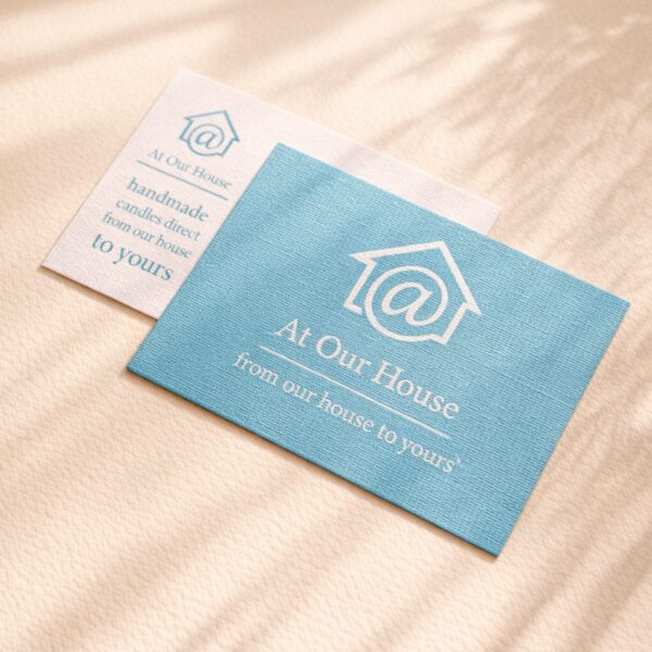 Linen Business Cards - At Our House front and back with linen texture