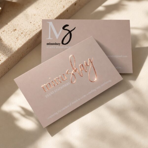 Rose gold foil business cards - minushay event stationery