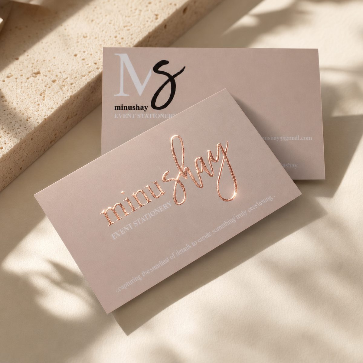 Rose gold foil business cards - minushay event stationery