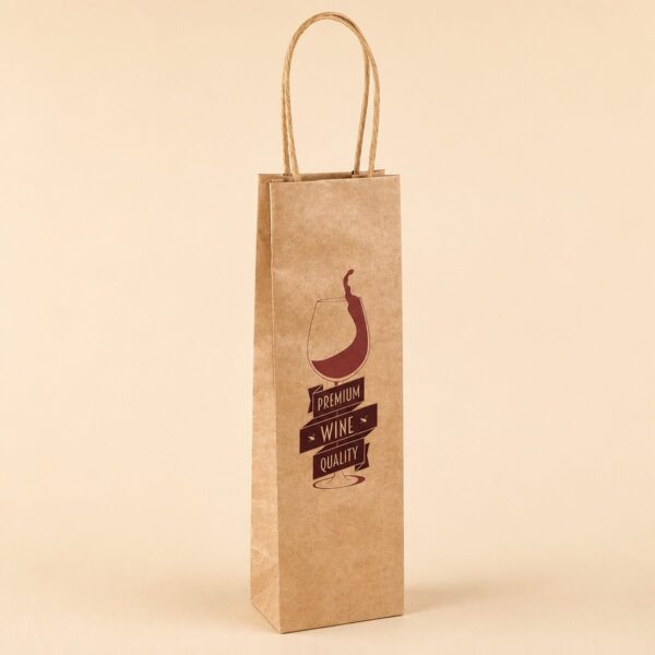 Kraft paper bottle bag printed with a one colour wine logo