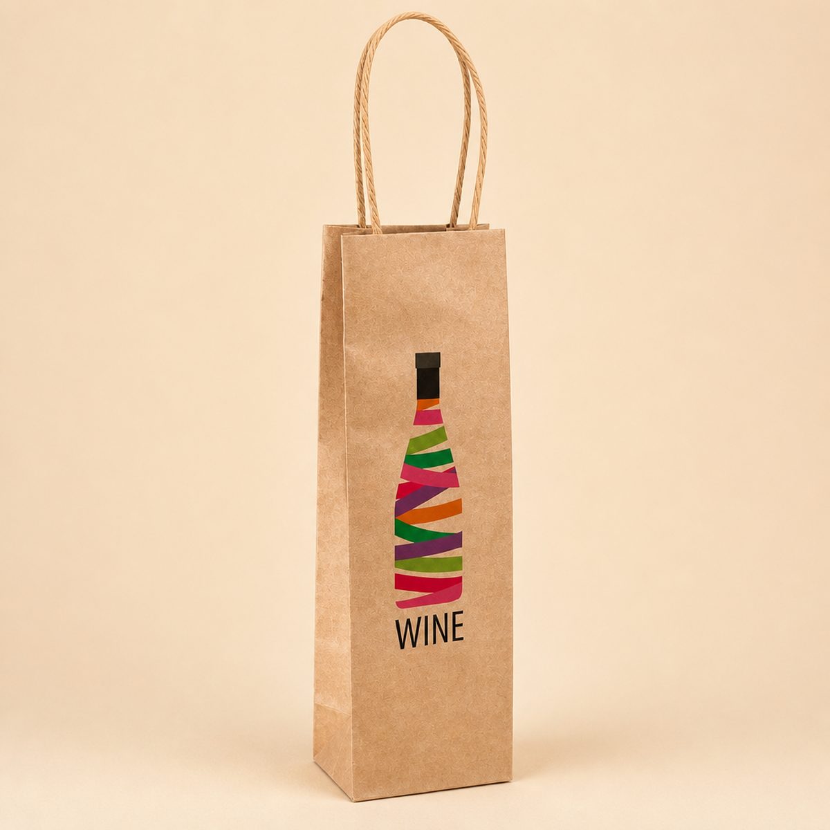 Printed kraft paper wine bottle bag with twisted paper handles