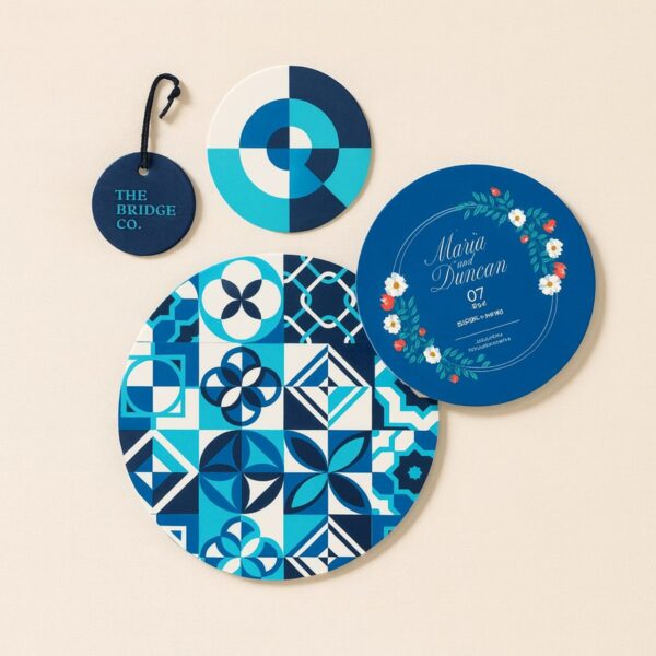 Die-cut circle cards range, real printed designs