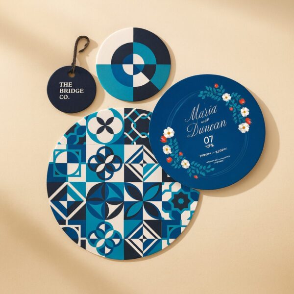 Round die-cut promotional cards on 350gsm artboard