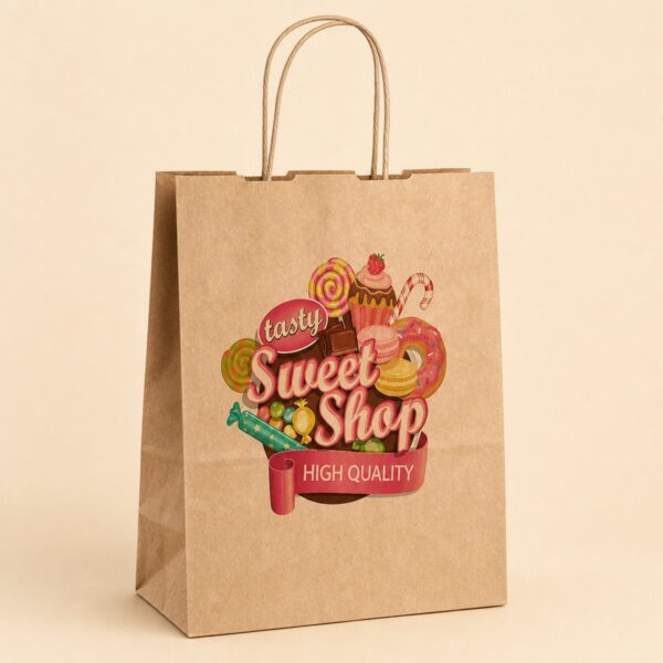 Printed kraft paper junior carry bag with twisted paper handles