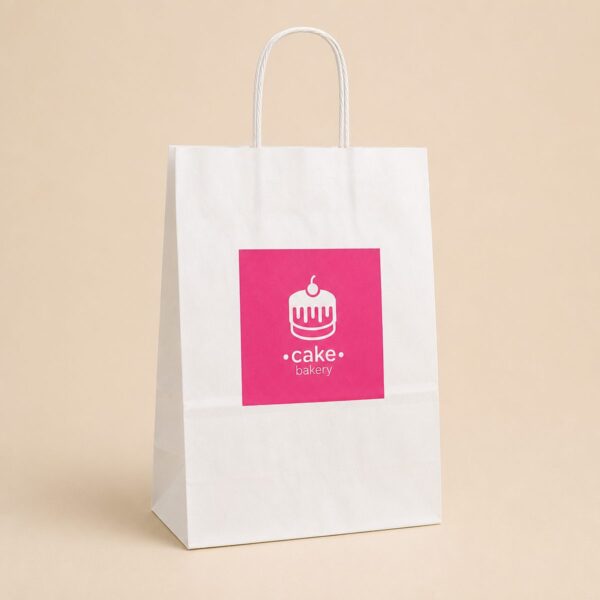 Printed white paper medium carry bag with twisted paper handles