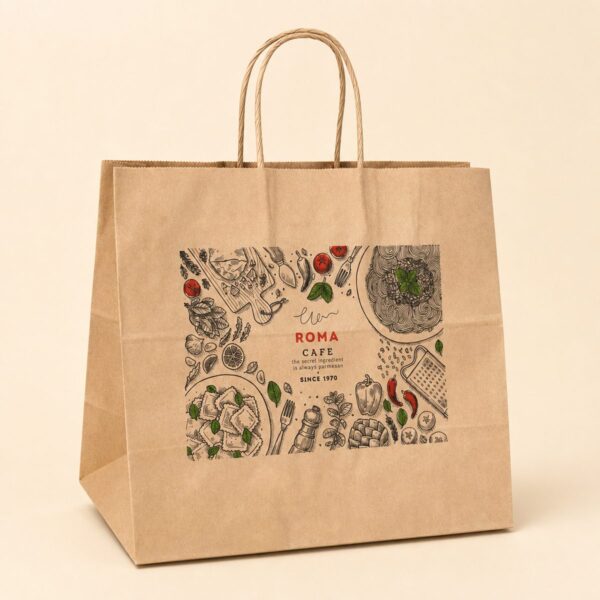 Printed kraft paper takeaway bag with twisted paper handles