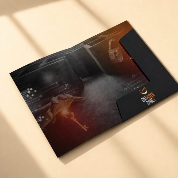 Velvet laminate A4 presentation folder printed for Outfoxed Games