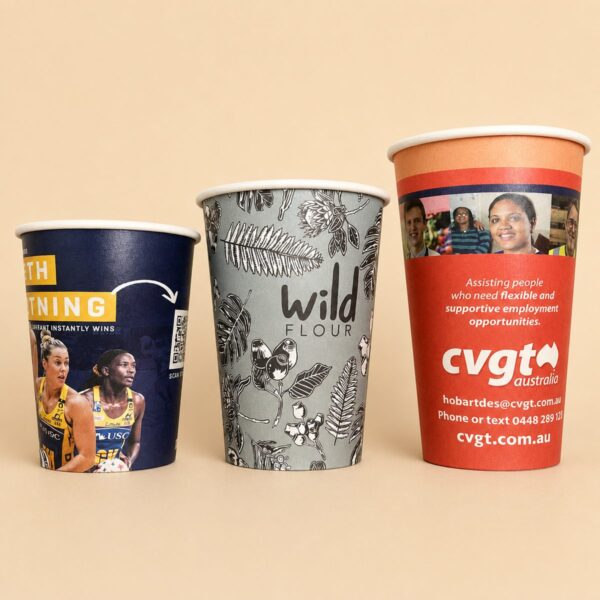 Custom printed single wall coffee cups in 8oz, 12oz and 16oz sizes