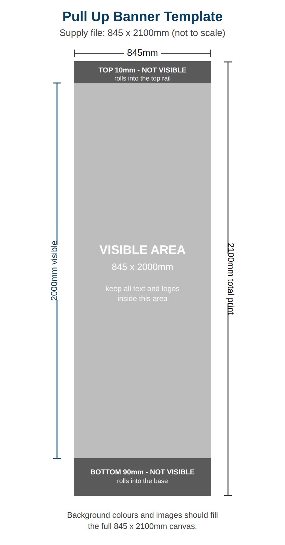 Pull up banner artwork template, 845 x 2100mm supply size with 2000mm visible area