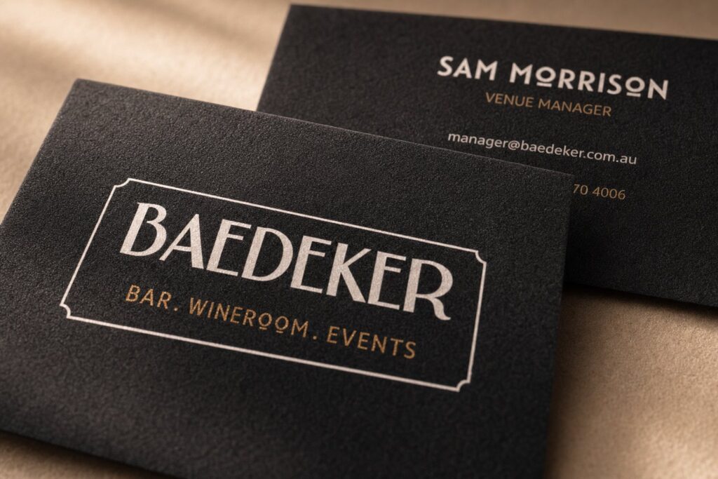 Navy blue velvet business cards stacked on a warm stone surface