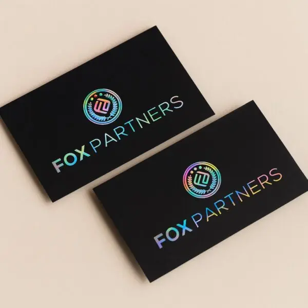 Holographic foil business cards, black with rainbow foil logo