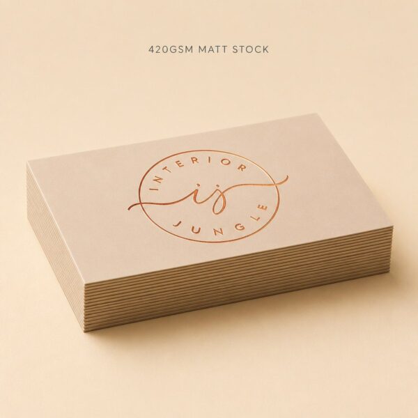 Stack of foil business cards on 420gsm matt stock with copper foil logo