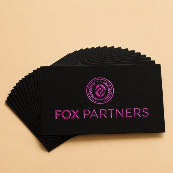 Fanned stack of black business cards with magenta foil