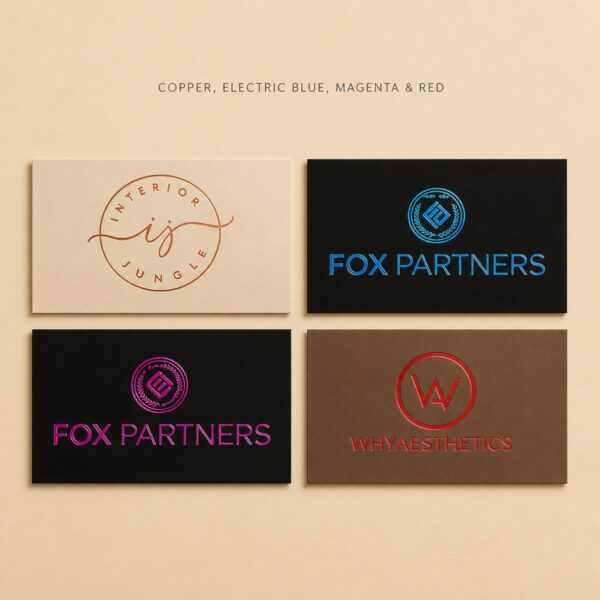 Four foil business cards in copper, electric blue, magenta and red foil