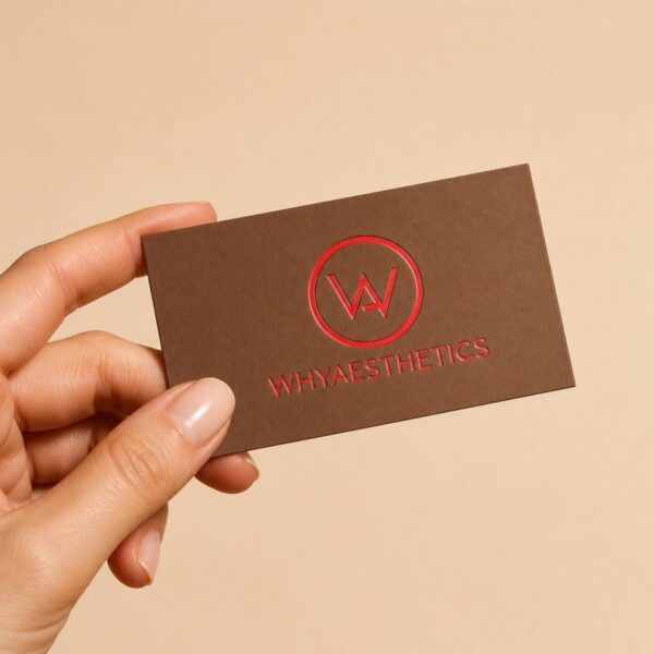 Brown foil business card with red foil held in hand