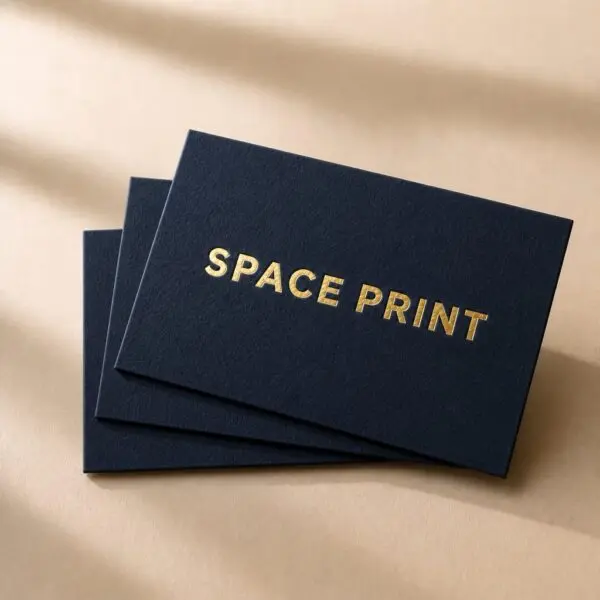 Gold foil business card on navy cotton stock