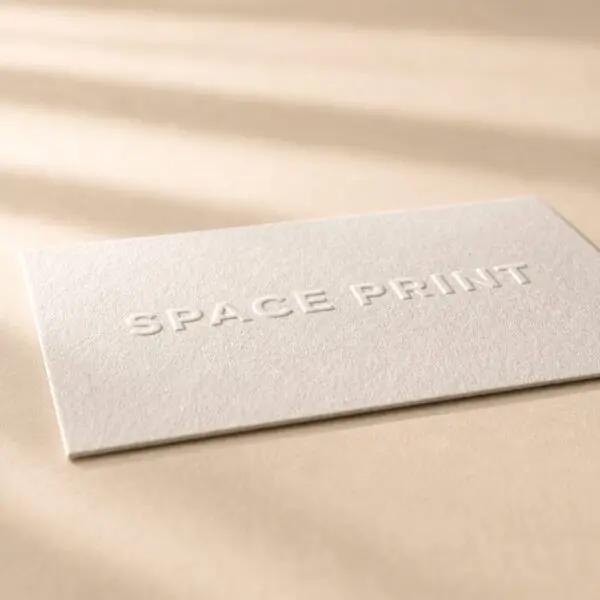 Blind embossed business card, raised logo on white cotton stock