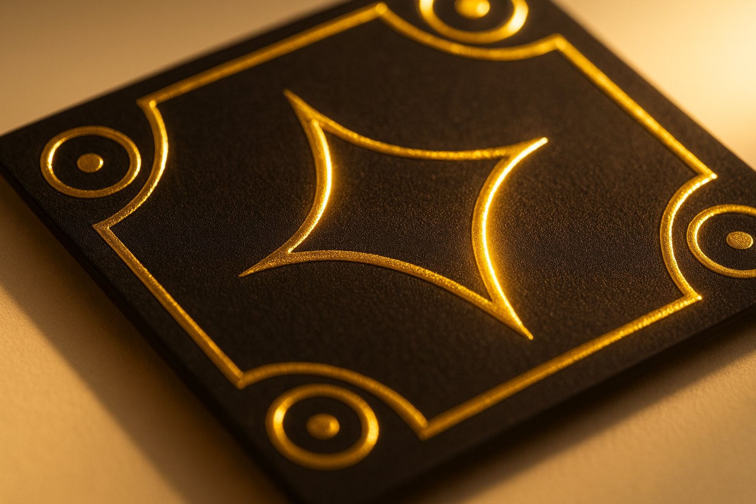 Close-up of gold foil geometric pattern pressed into a black business card catching warm light
