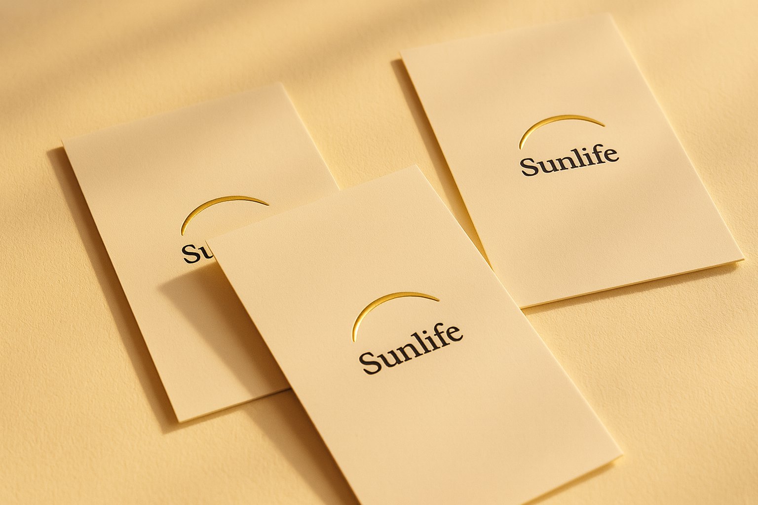 Cream business cards with a small gold foil arc logo in soft window light