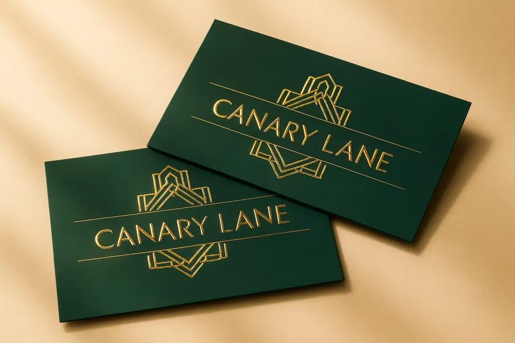 Deep green business cards with gold foil lettering catching warm light