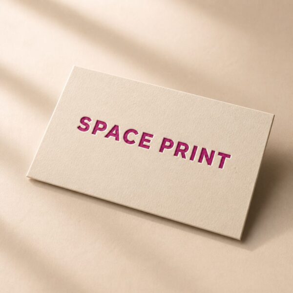 Letterpress business card, magenta ink on beige cotton stock