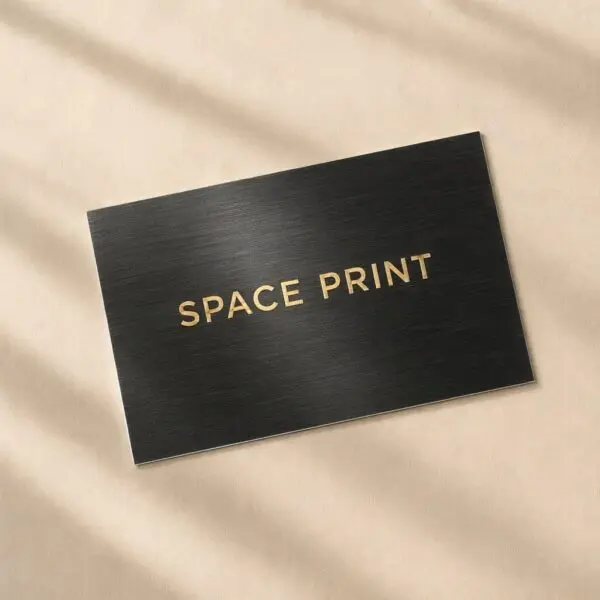 Black brushed metal business card with gold engraving
