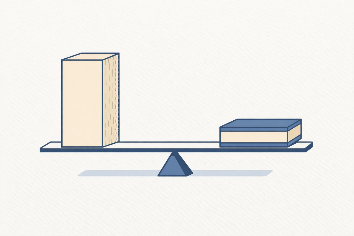 Diagram of two paper boards with equal weight but different thickness on a level balance