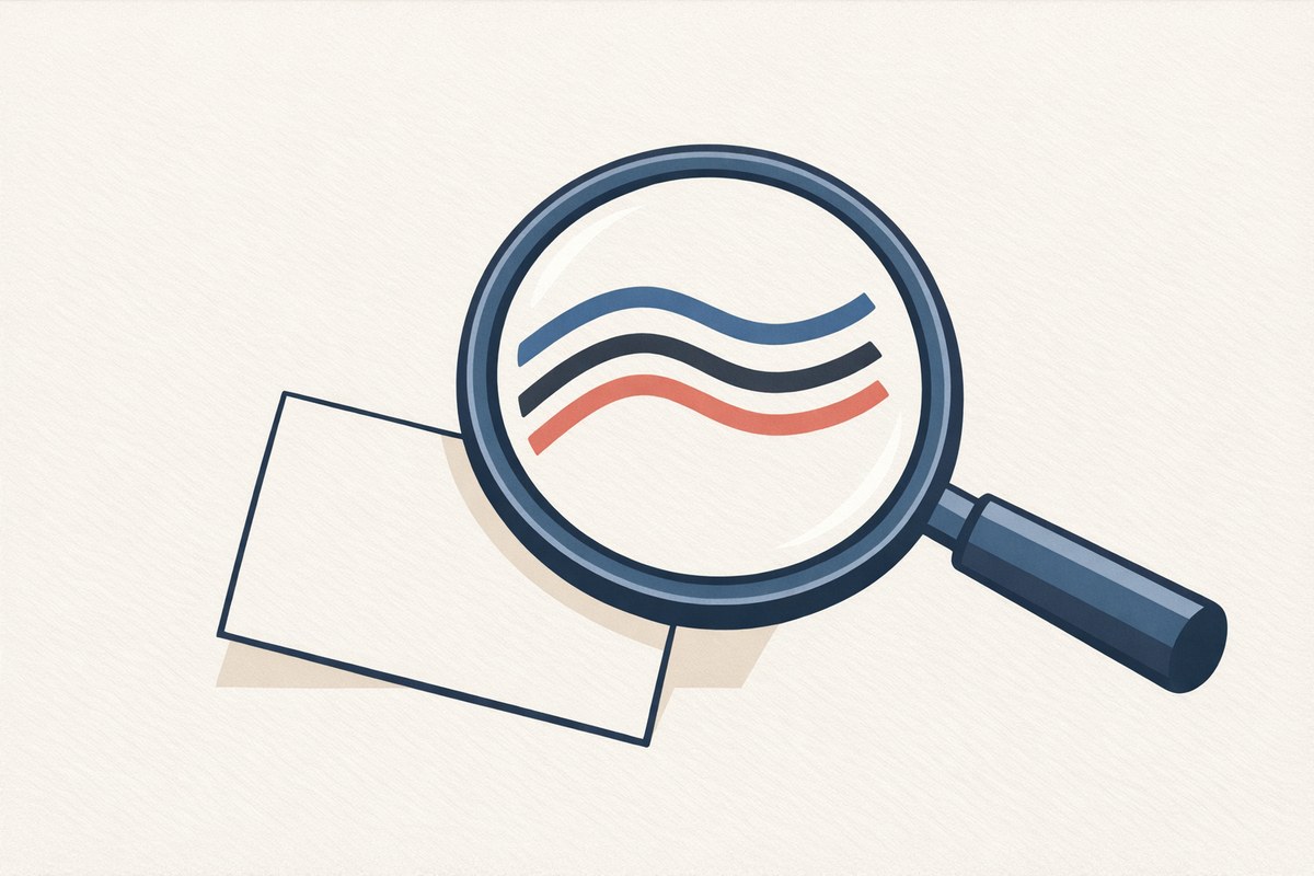 Magnifying glass over a business card showing misregistered colour strokes