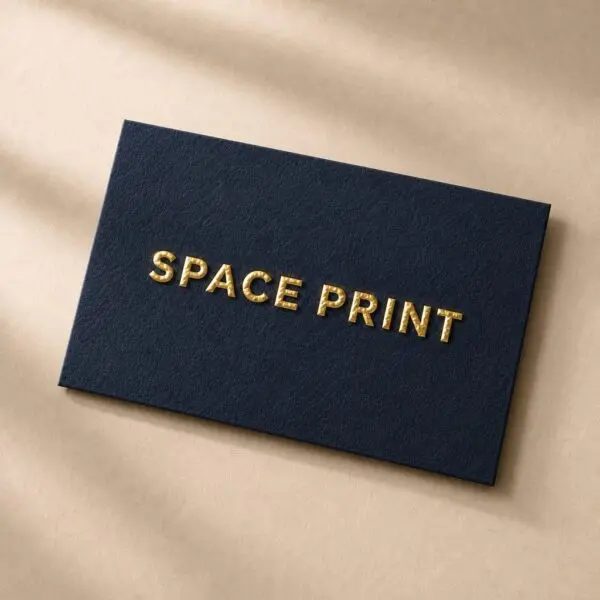 Raised gold foil business card on navy cotton stock