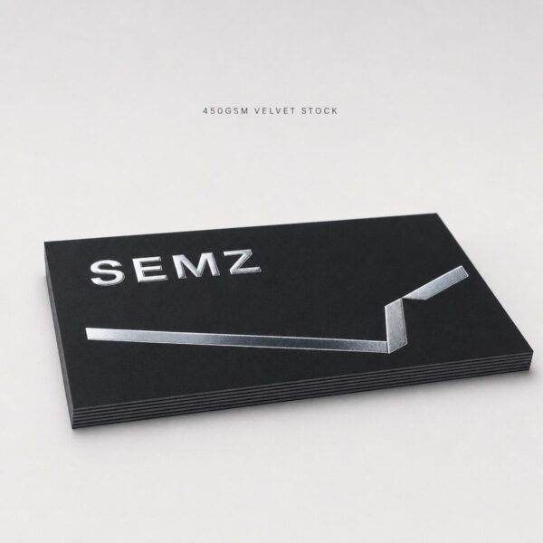 Stack of silver foil business cards showing the thick 450GSM velvet stock edge