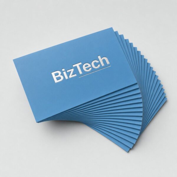 Fanned stack of blue business cards with silver foil logos