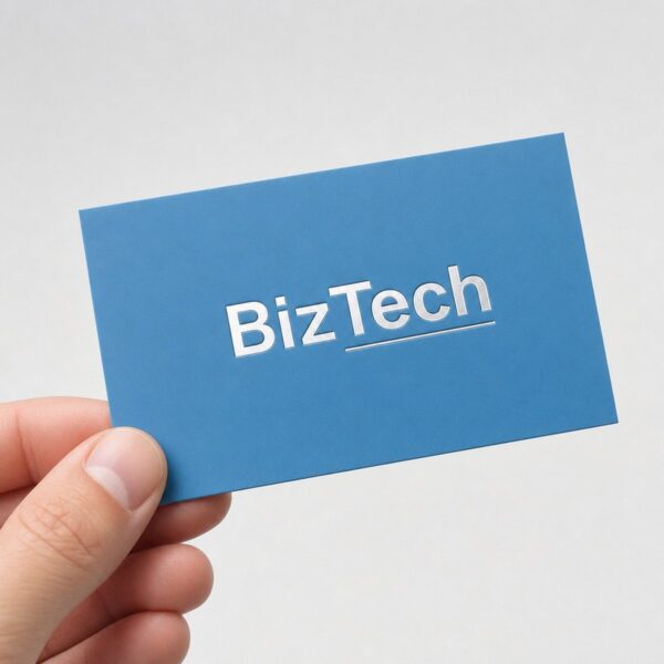 Blue silver foil business card held in hand
