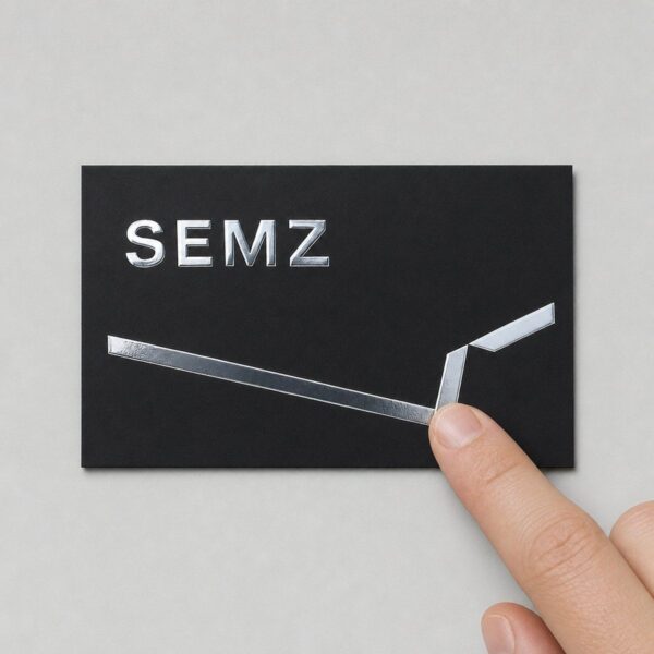 Fingertip feeling the raised silver foil on a black business card