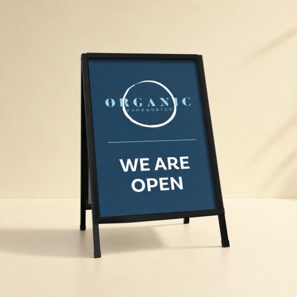Printed metal A-frame sign with black steel frame and corflute insert