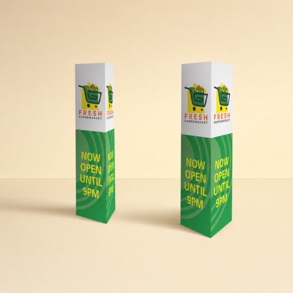 Two printed corflute bollard covers