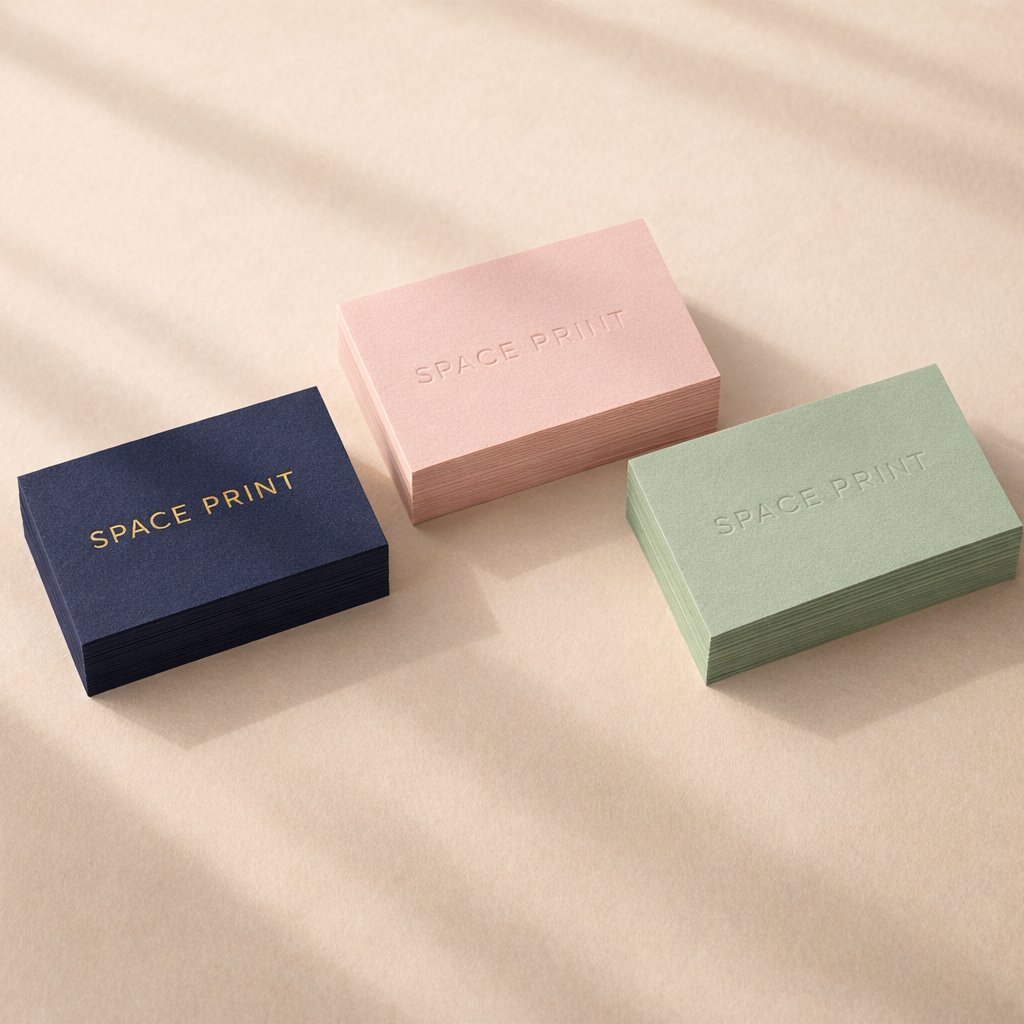 Coloured paper business cards in navy, blush and sage