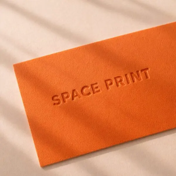 Orange coloured paper business card with blind deboss