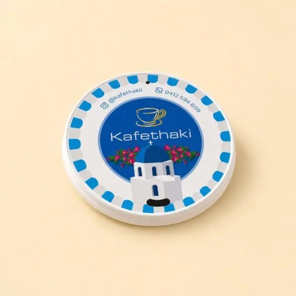 Custom printed paper coffee cup lid with full colour Kafethaki design