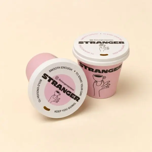 Pink Stranger coffee cups with matching custom printed paper lids