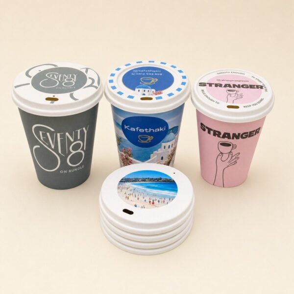 Three branded coffee cups with matching custom printed paper lids