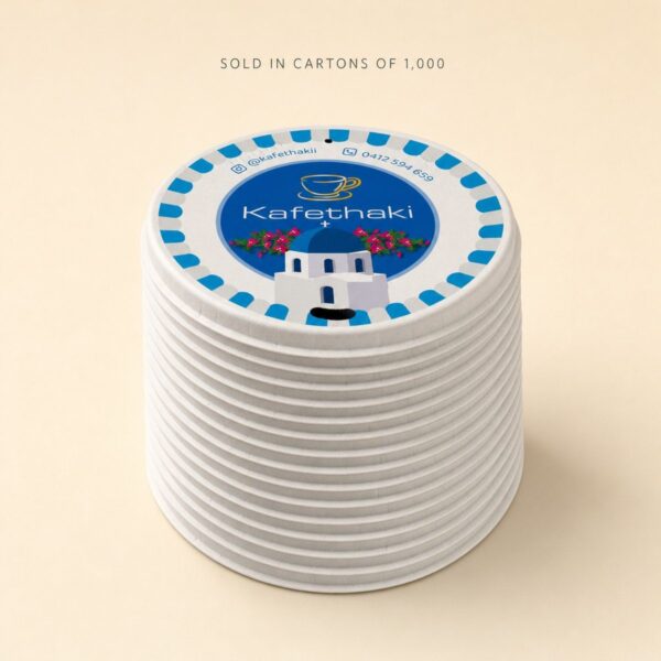 Stack of custom printed paper lids, sold in cartons of 1,000