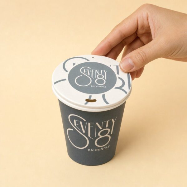 Hand placing a custom printed paper lid on a branded coffee cup