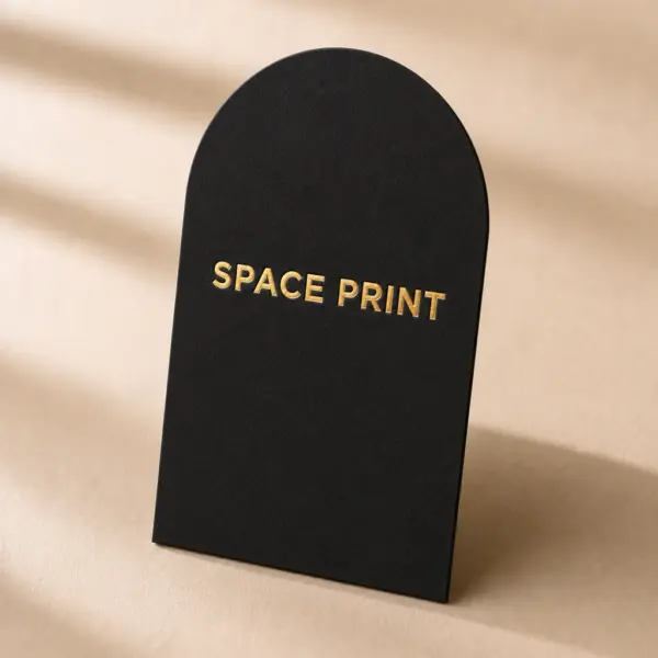 Die cut business card in an arch shape, black paper with gold foil