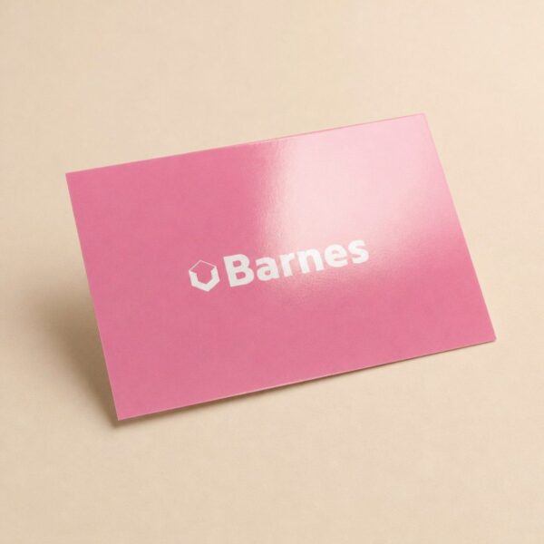 Pink gloss laminated business card with white logo