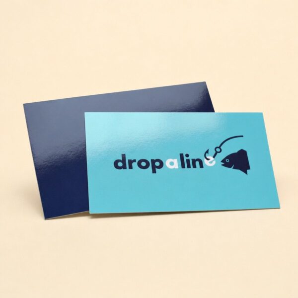 Turquoise and navy gloss business cards, front and back