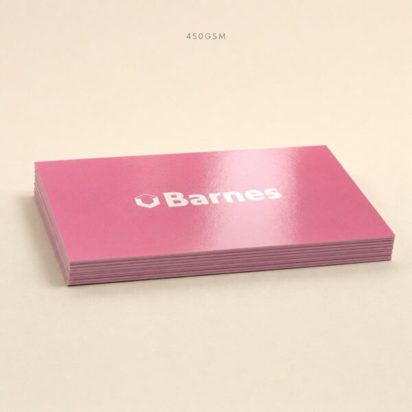 Stack of 450gsm gloss business cards showing card edge